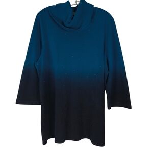 Essentials Sweater Women's 1X Blue Ombre Cowl Neck 3/4 Sleeve Sparkle Jewels